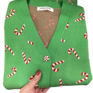 XXL Green Candy Cane Sweater. Button closure. Ribbed detailing